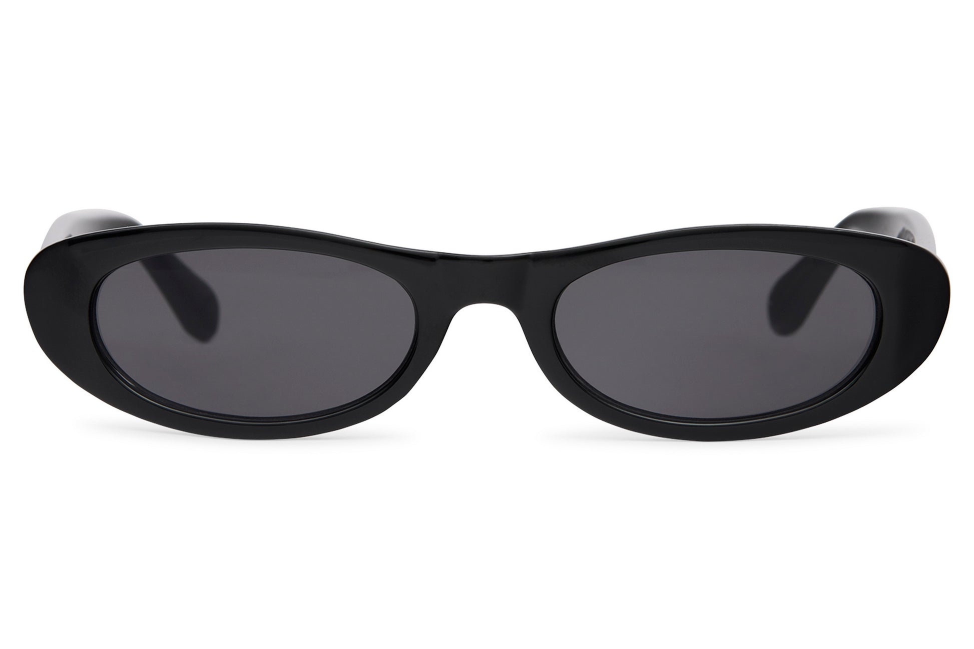 Black sunglasses with dark lenses on a white background