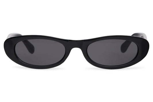 Black sunglasses with dark lenses on a white background