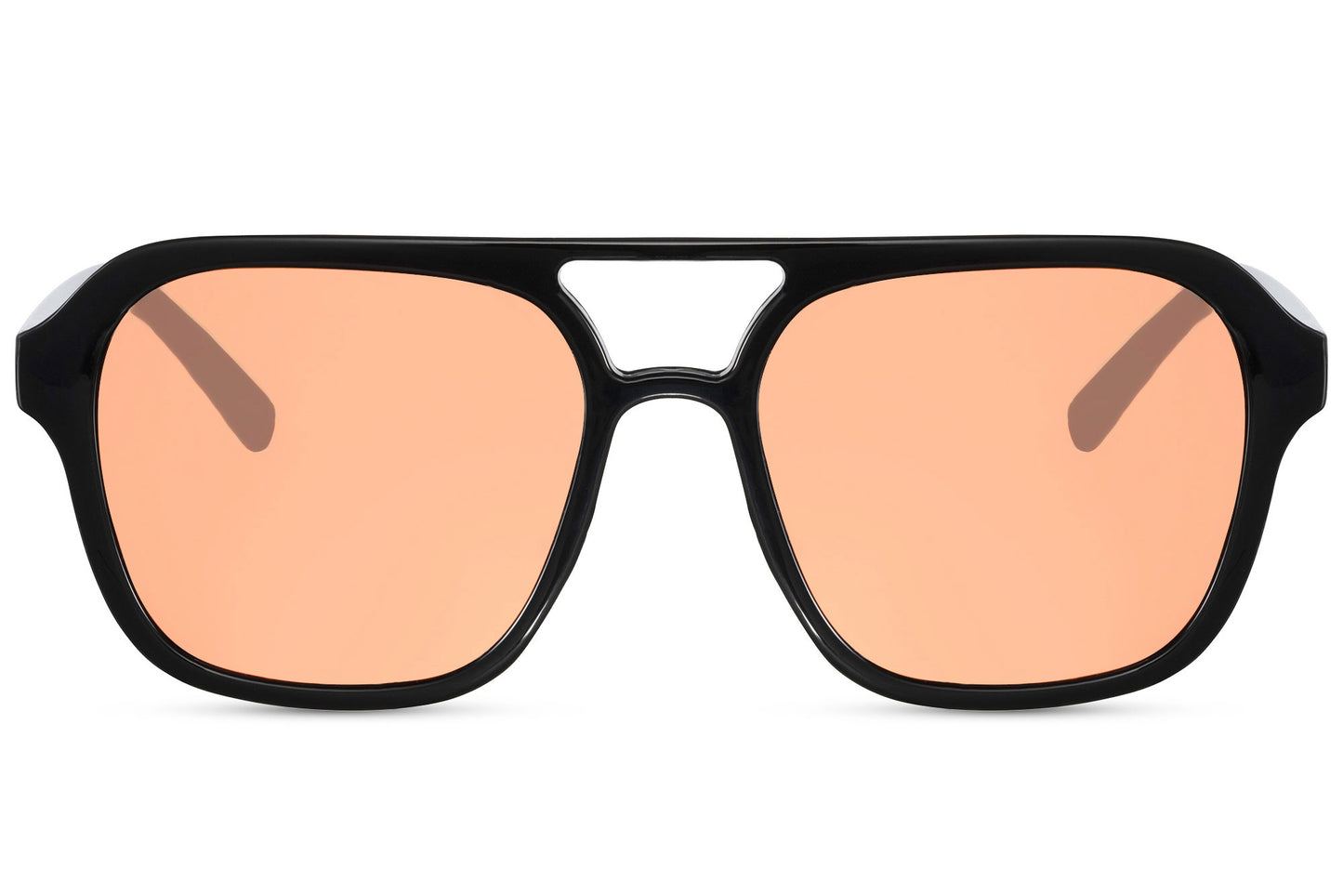 Sunglasses with black frame and orange-tinted lenses on a white background