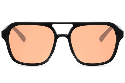 Sunglasses with black frame and orange-tinted lenses on a white background