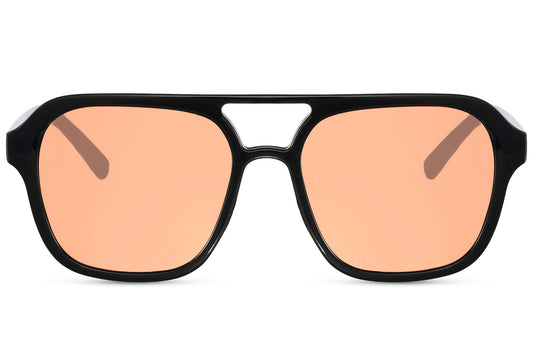 Sunglasses with black frame and orange-tinted lenses on a white background