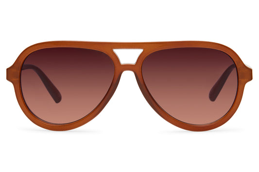 Brown aviator sunglasses with gradient lenses on a white background