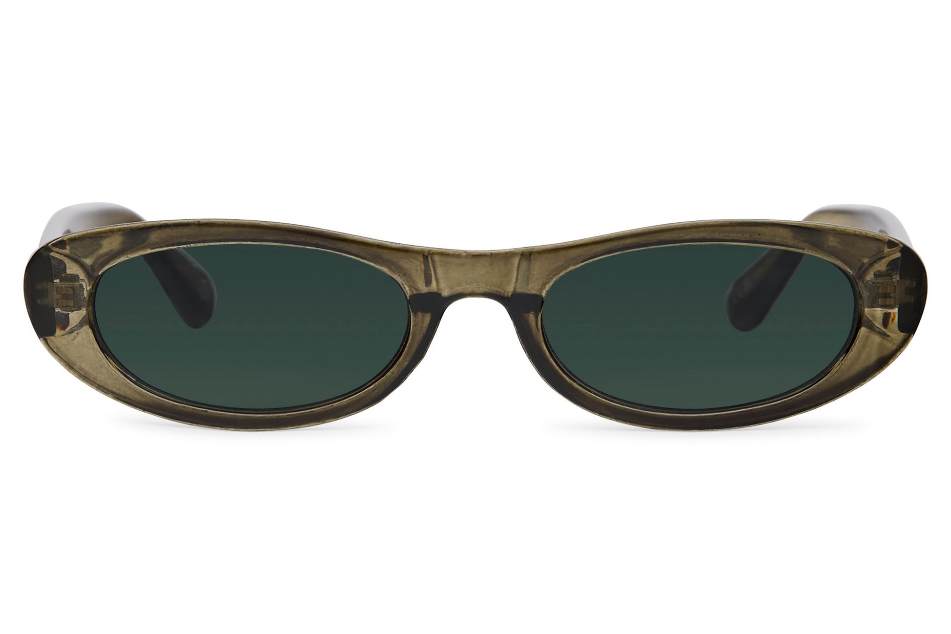 Sunglasses with a green frame and dark lenses on a white background