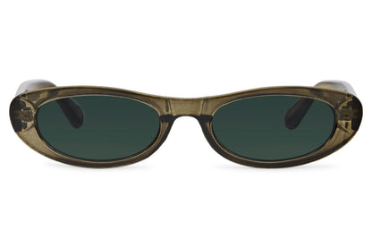 Sunglasses with a green frame and dark lenses on a white background