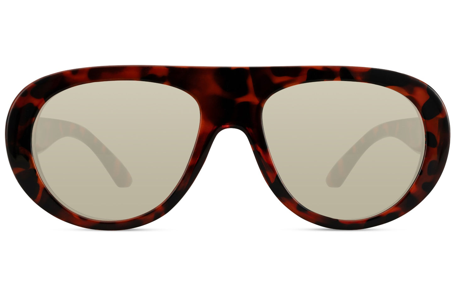 Sunglasses with tortoiseshell frame and reflective lenses on a white background