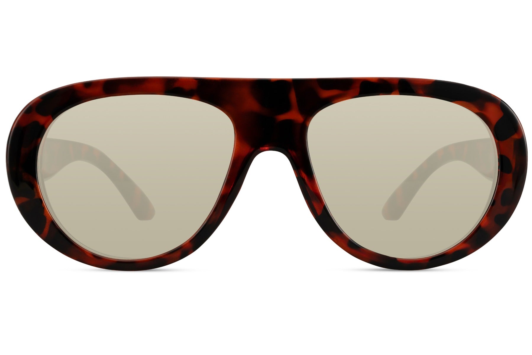 Sunglasses with tortoiseshell frame and reflective lenses on a white background
