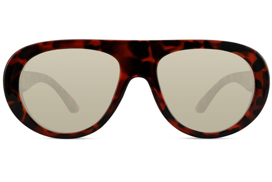 Sunglasses with tortoiseshell frame and reflective lenses on a white background