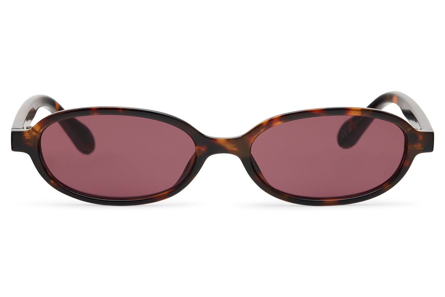 Sunglasses with tortoiseshell frame and purple lenses on a white background